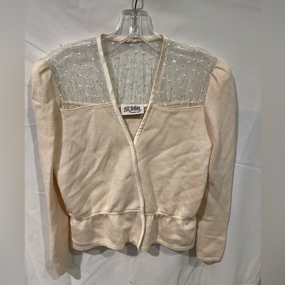 ST. JOHN Marie 70’s  Criss Cross Cardigan Jacket Top mesh w/Pearl& Rhinestone